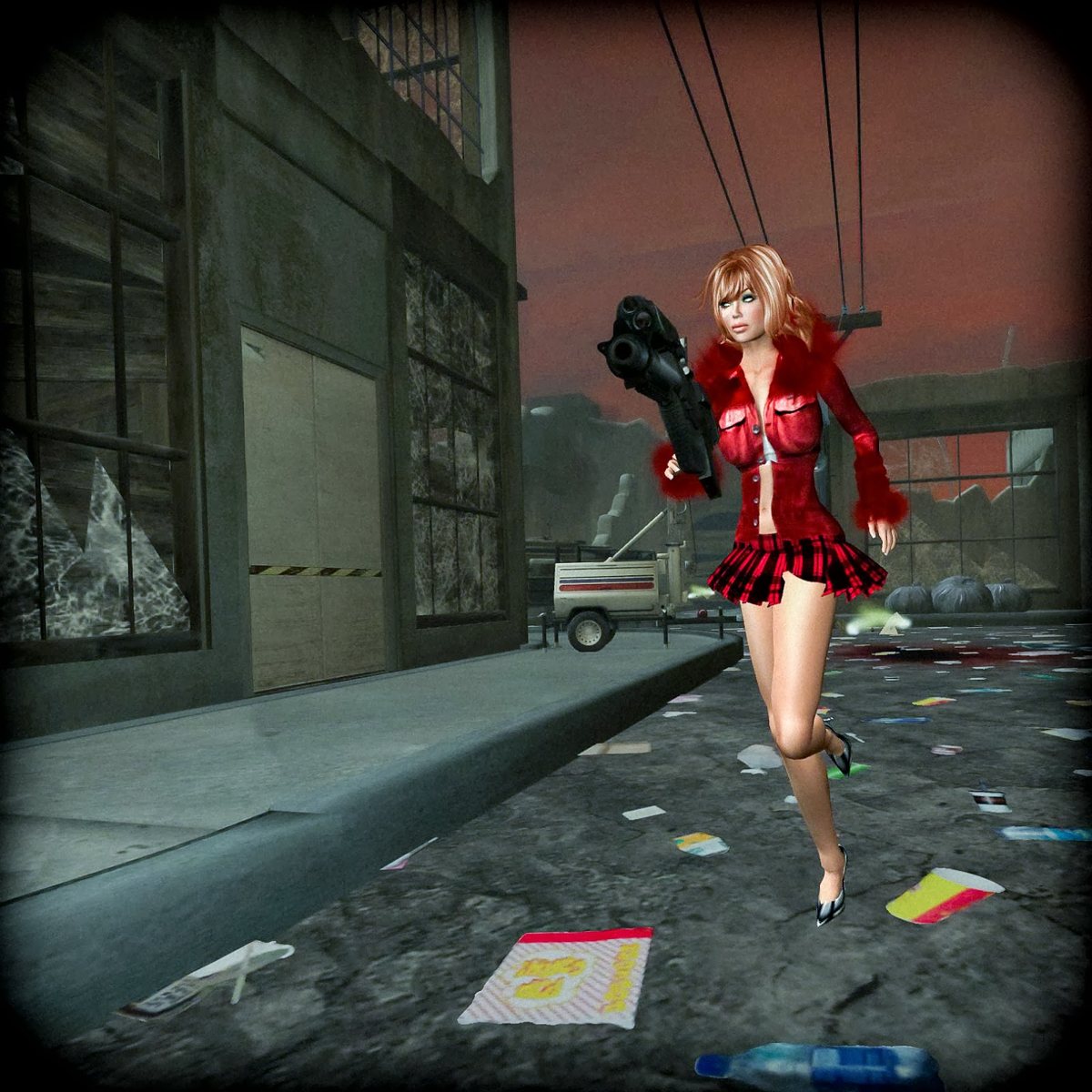 A domme running through a ruined street at the Zombie Hunt